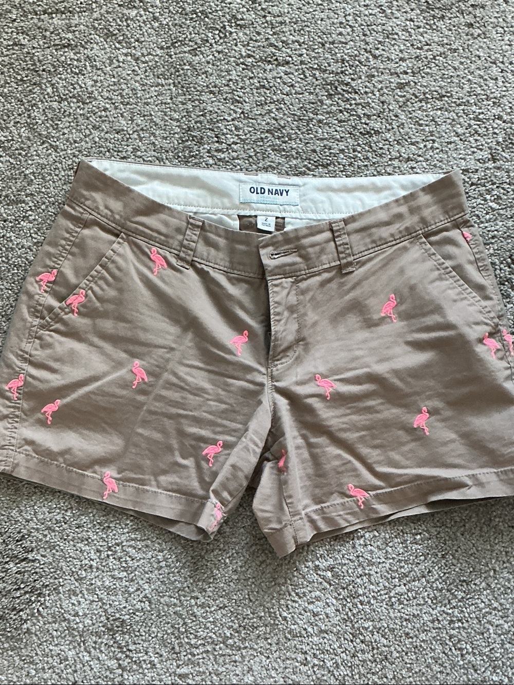 Old Navy Khaki Chino Shorts with Pink Flamingo Embroidery